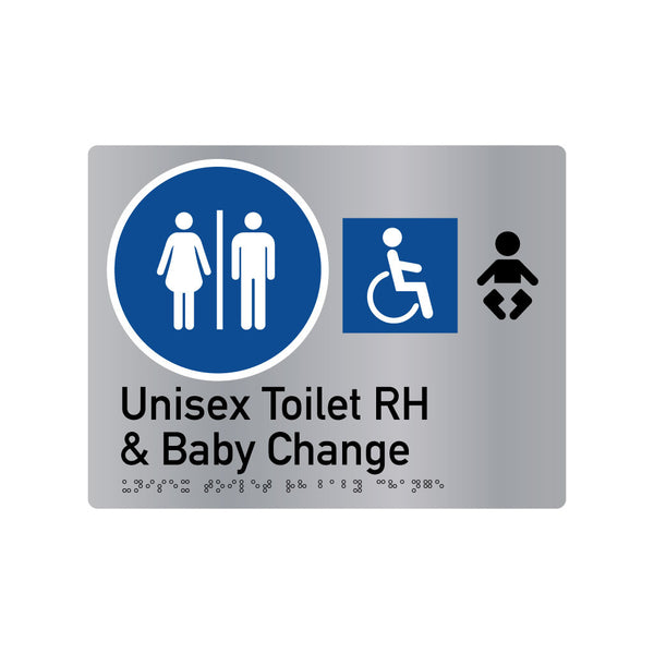 Unisex Toilet RH & Baby Change , SNA Aluminium, Blue Circle with White Border. (BC UTRB 413)