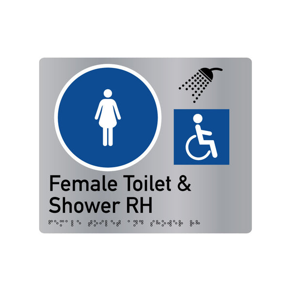 Female Toilet & Shower RH , SNA Aluminium, Blue Circle with White Border. (BC FTSR 421)