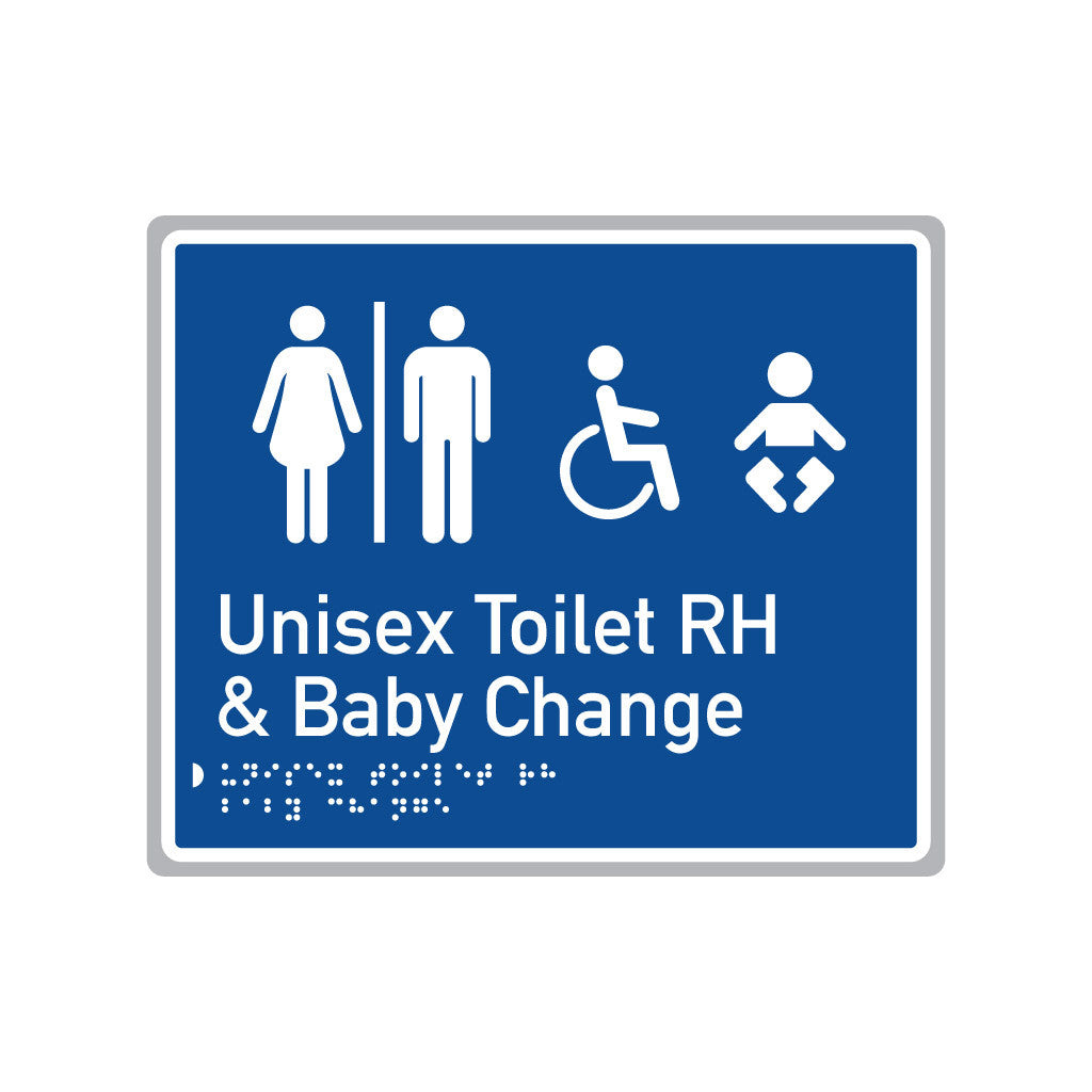 Unisex Toilet RH & Baby Change, SNA Aluminium, Blue Back with White Border. (BWB UTRB 513)