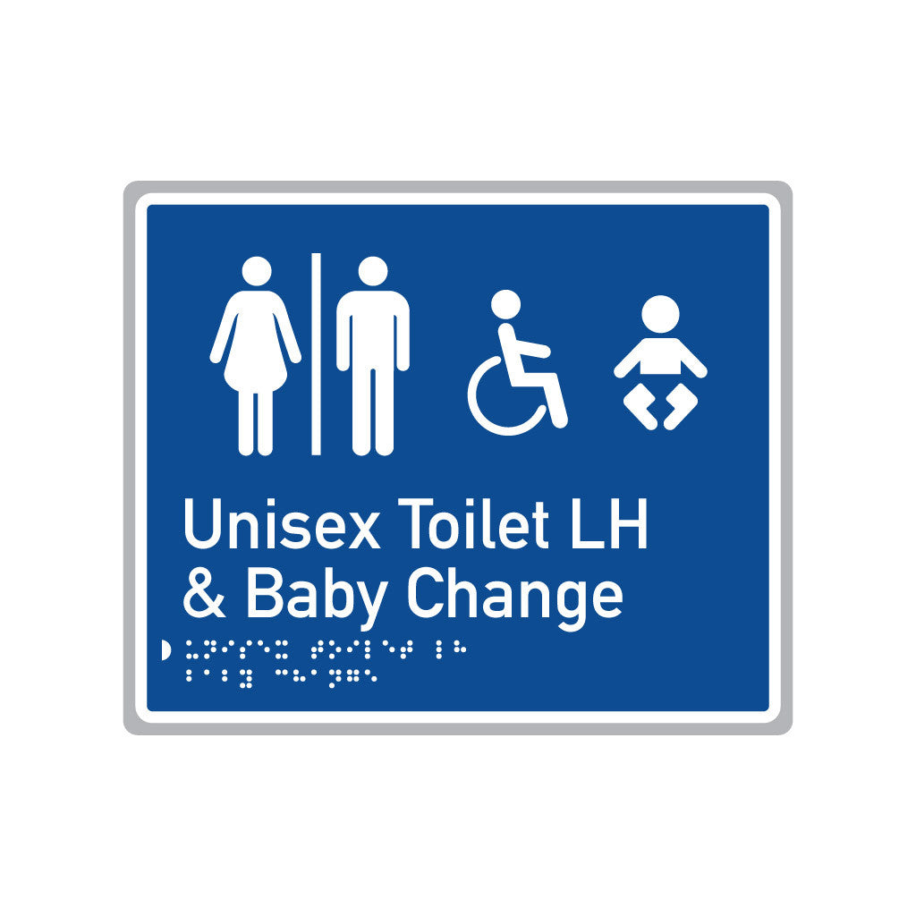 Unisex Toilet LH & Baby Change, SNA Aluminium, Blue Back with White Border. (BWB UTLB 514)