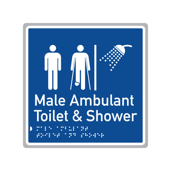 Male Ambulant Toilet & Shower, SNA Aluminium, Blue Back with White Border . (BWB MATS 520)