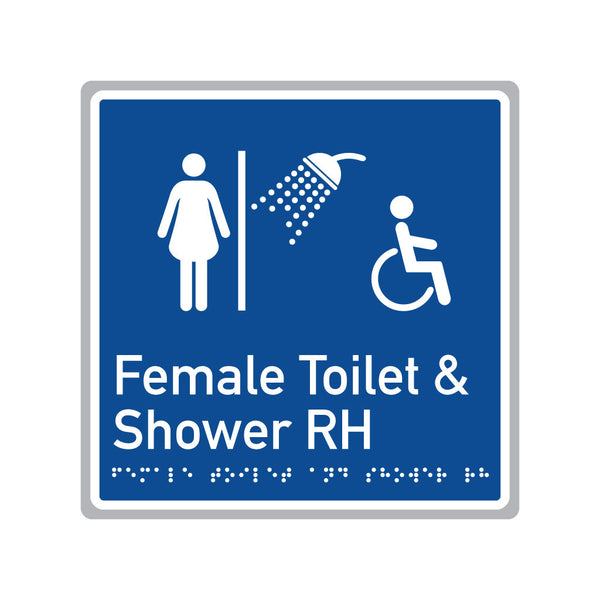 Female Toilet & Shower RH, SNA Aluminium, Blue Back with White Border . (BWB FTSR 521)
