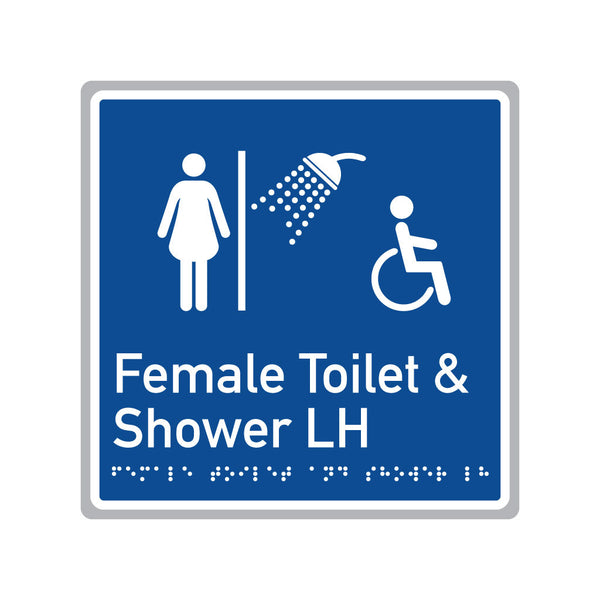 Female Toilet & Shower LH, SNA Aluminium, Blue Back with White Border . (BWB FTSL 523)